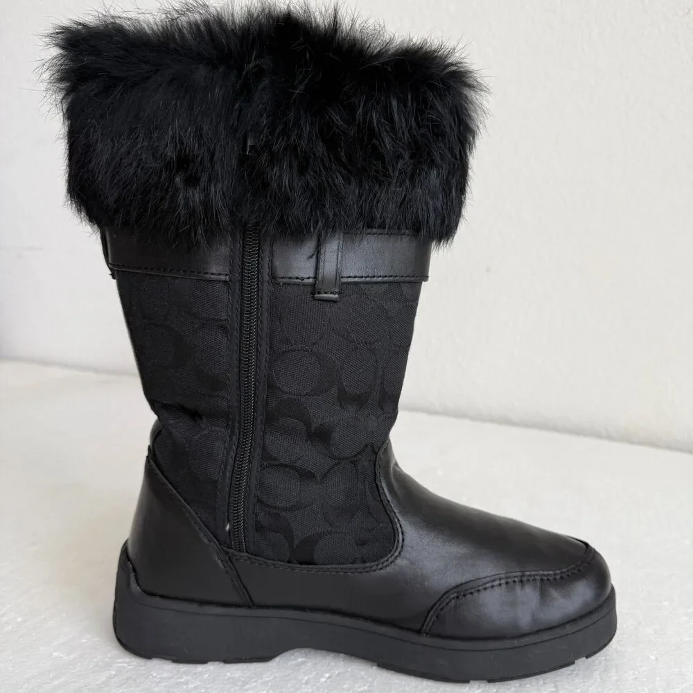 Coach Kimberly Fur Boots Women's 9M Black Leather Fabric Logo Pocket Side Zipper - Picture 5 of 16